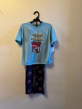 NWT- Wonder Nation Boys 2pc Pajama Set Powered By Cereal Aqua Blue Navy size 6-7